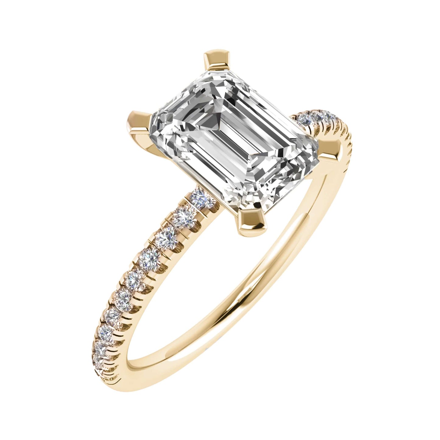 frontal side image of emerald yellow gold diamond set shoulders lab grown diamond engagement ring