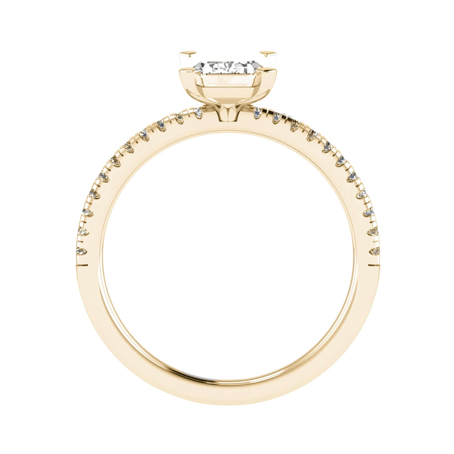 side view of luxury emerald yellow gold diamond set shoulders lab grown diamond engagement ring