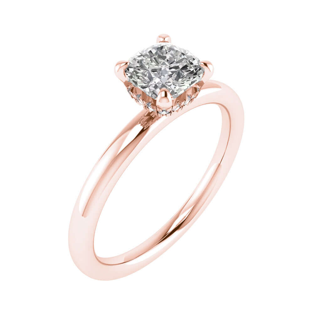 side shot of luxury cushion rose gold solitaire lab grown diamond engagement ring