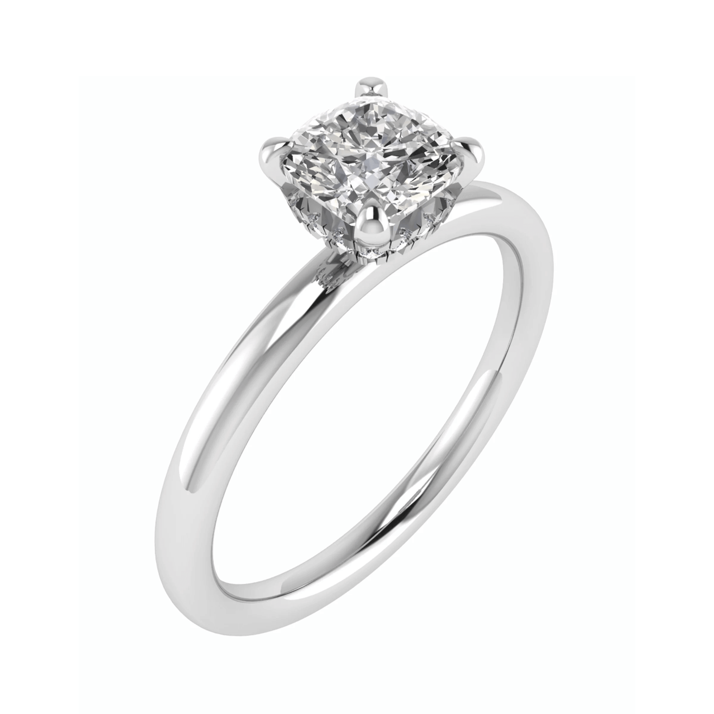 frontal image of luxury cushion platinum hidden halo solitaire lab grown diamond engagement ring
