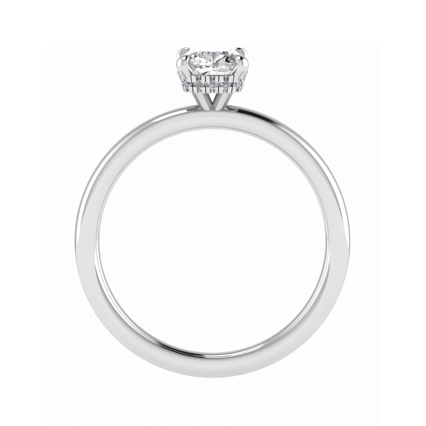 side shot of luxury cushion platinum hidden halo solitaire lab grown diamond engagement ring