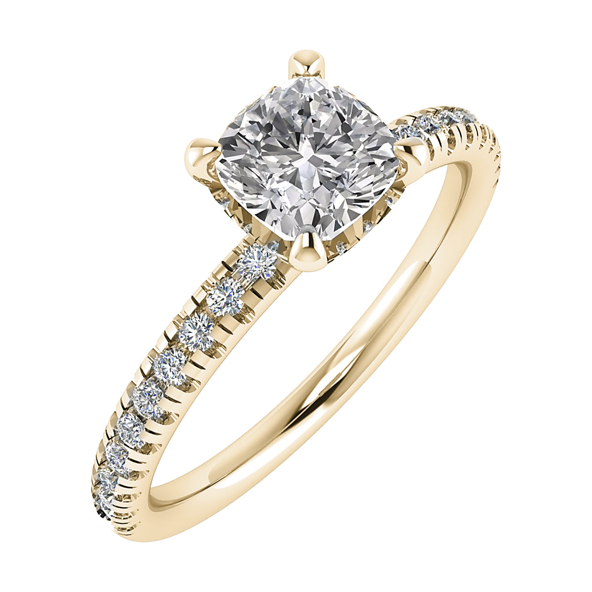 frontal image of luxury cushion yellow gold diamond set shoulders hidden halo lab grown diamond engagement ring