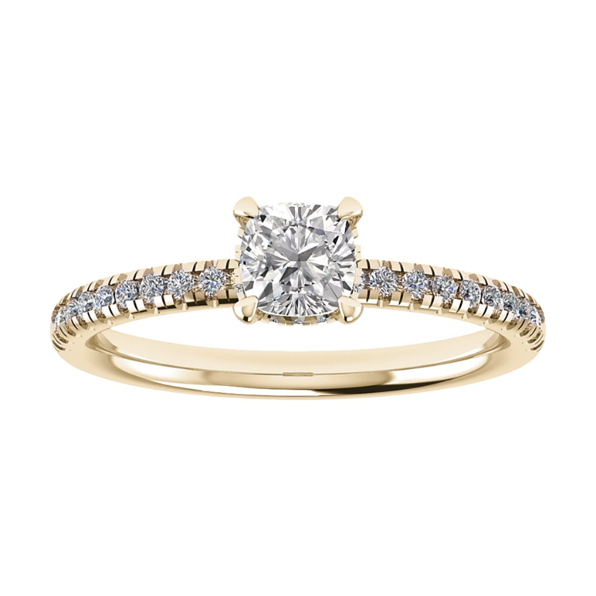 luxury cushion yellow gold diamond set shoulders hidden halo lab grown diamond engagement ring