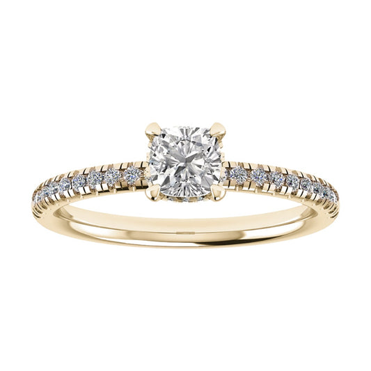 luxury cushion yellow gold diamond set shoulders hidden halo lab grown diamond engagement ring