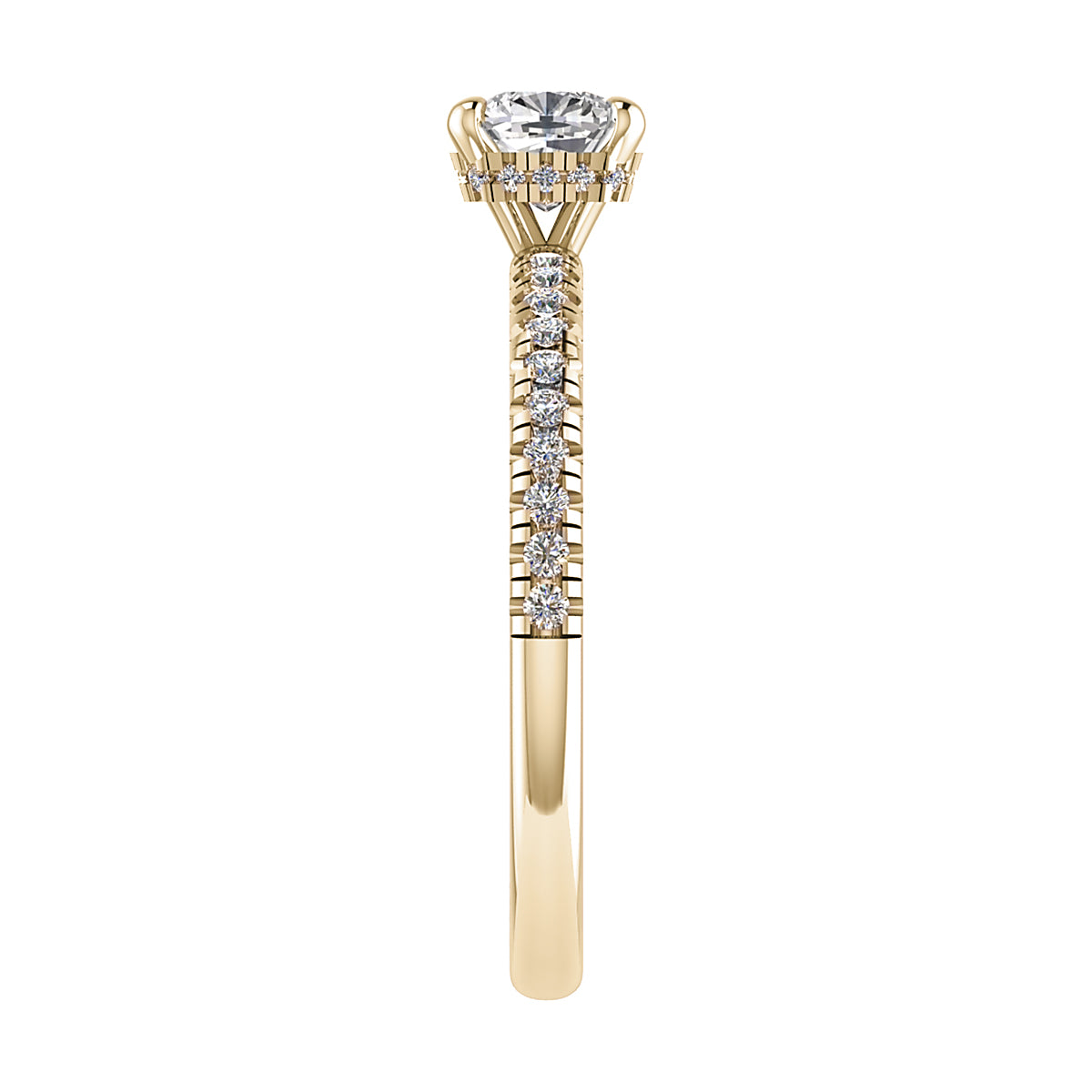 image of luxury cushion yellow gold diamond set shoulders hidden halo lab grown diamond engagement ring