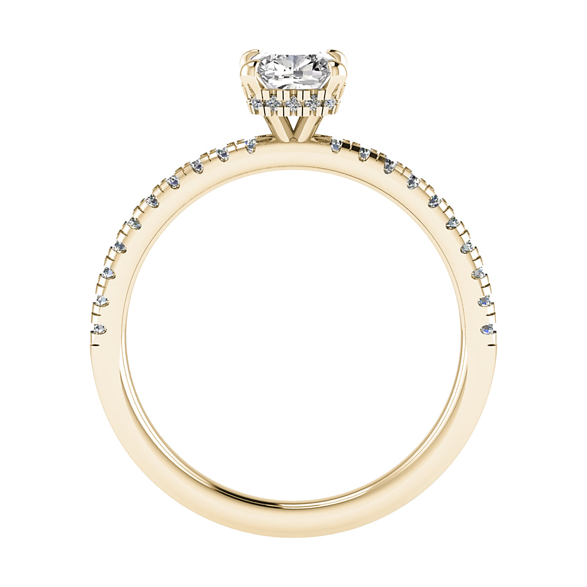 image of luxury cushion yellow gold diamond set shoulders hidden halo lab grown diamond engagement ring