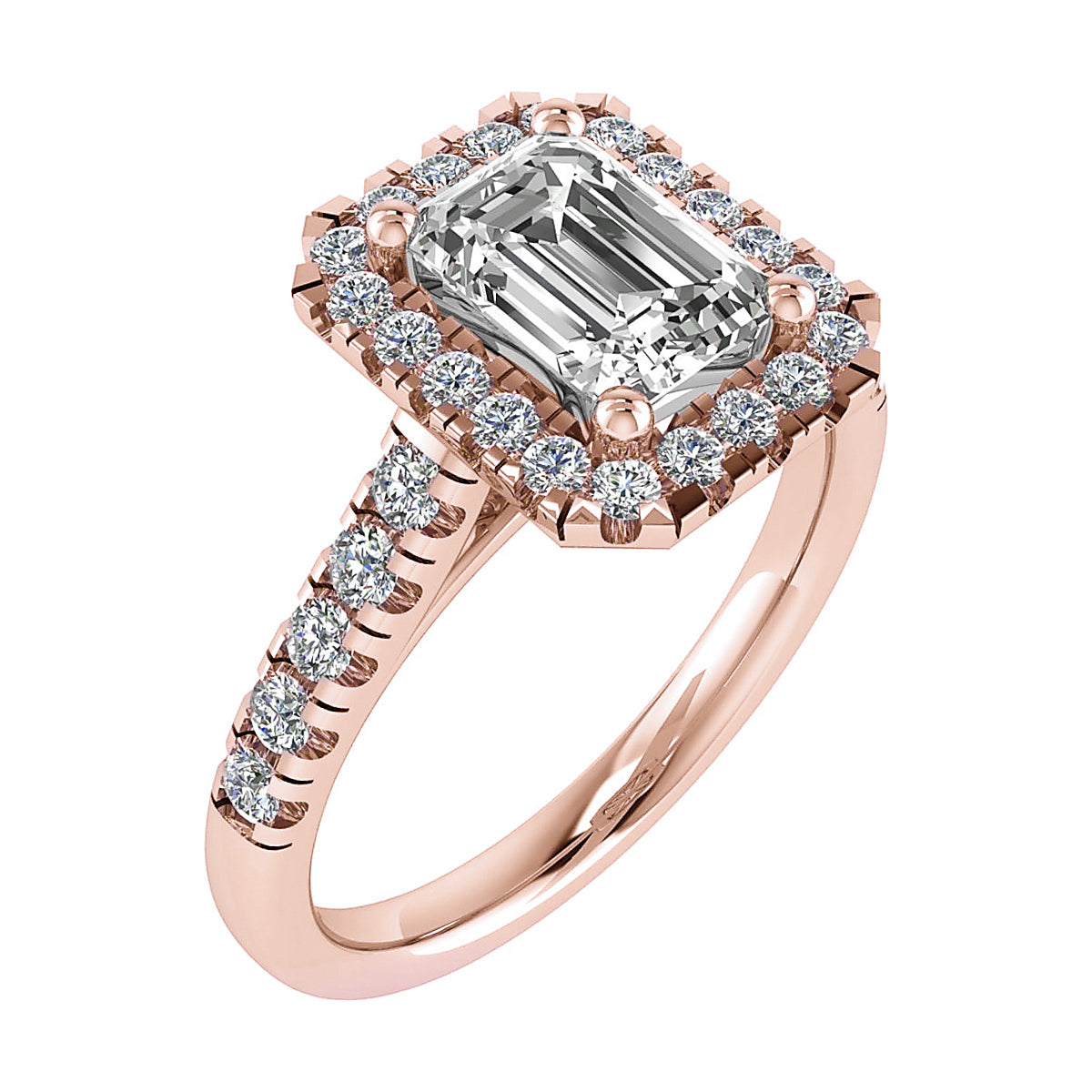 frontal side image of emerald luxury rose gold halo lab grown diamond engagement ring