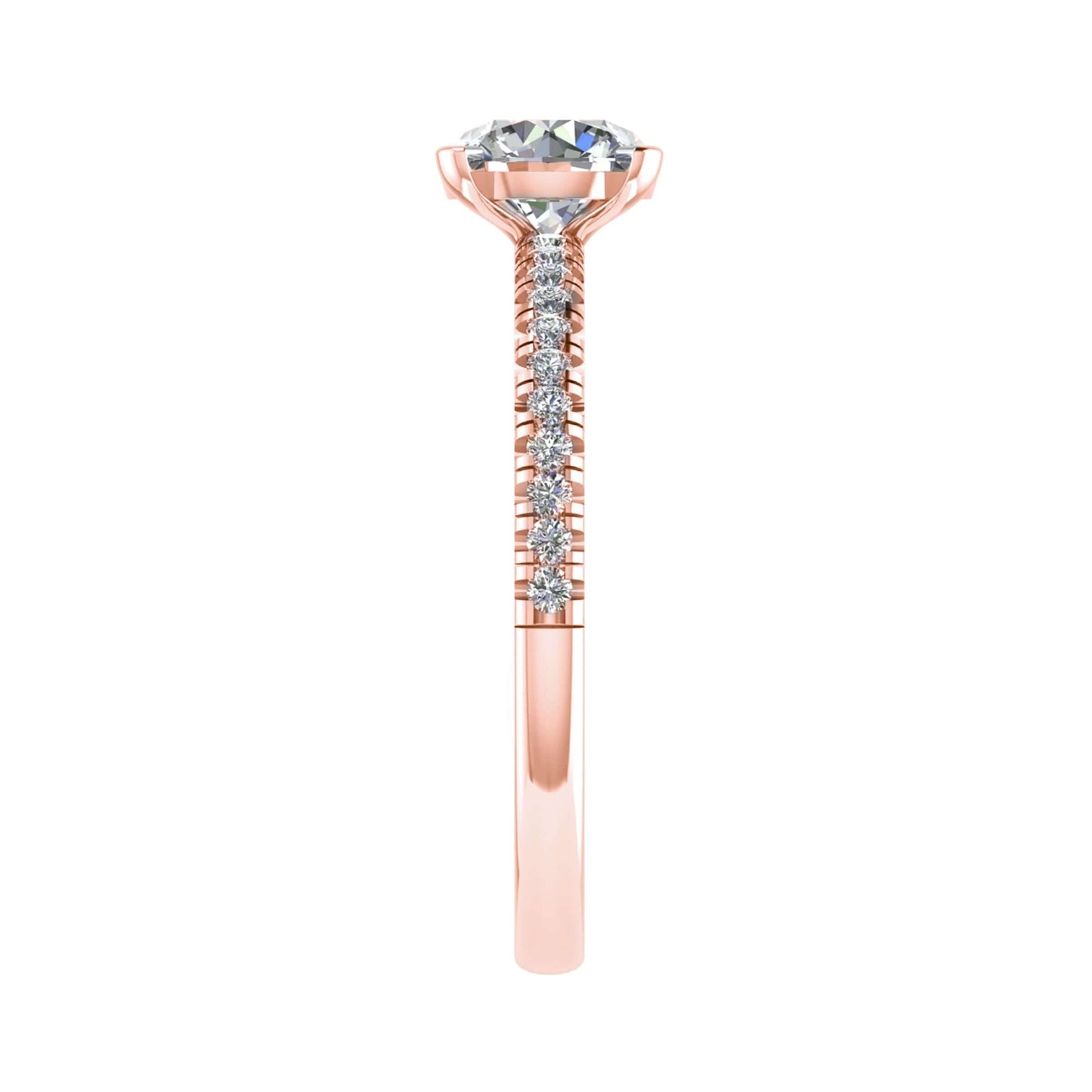 luxury round rose gold diamond set shoulders lab grown diamond engagement ring side angle