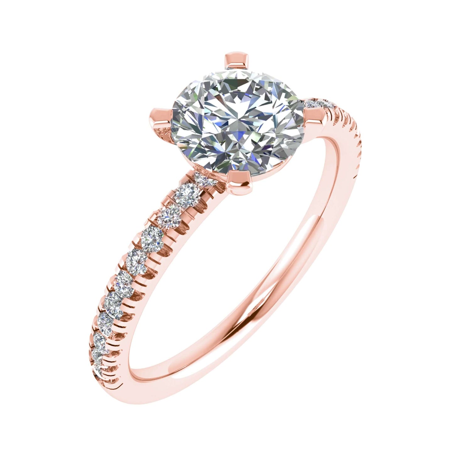 frontal side view luxury round rose gold diamond set shoulders lab grown diamond engagement ring