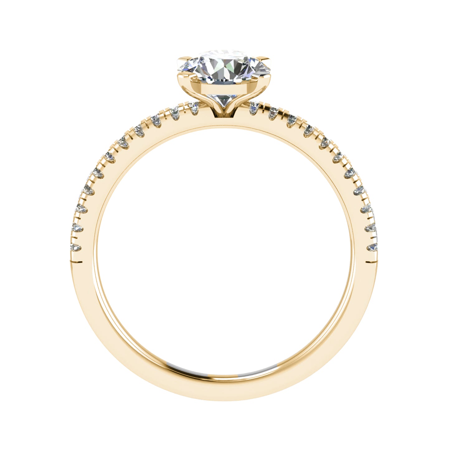 side view of luxury round yellow gold diamond set shoulders lab grown diamond engagement ring