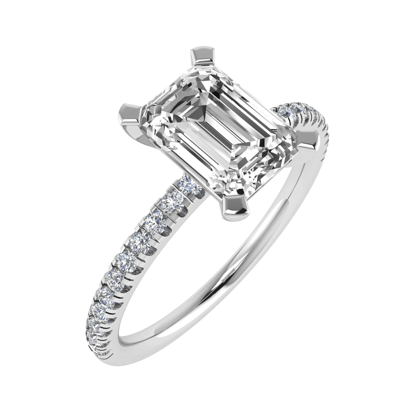 frontal side image of emerald platinum diamond set shoulders lab grown diamond engagement ring