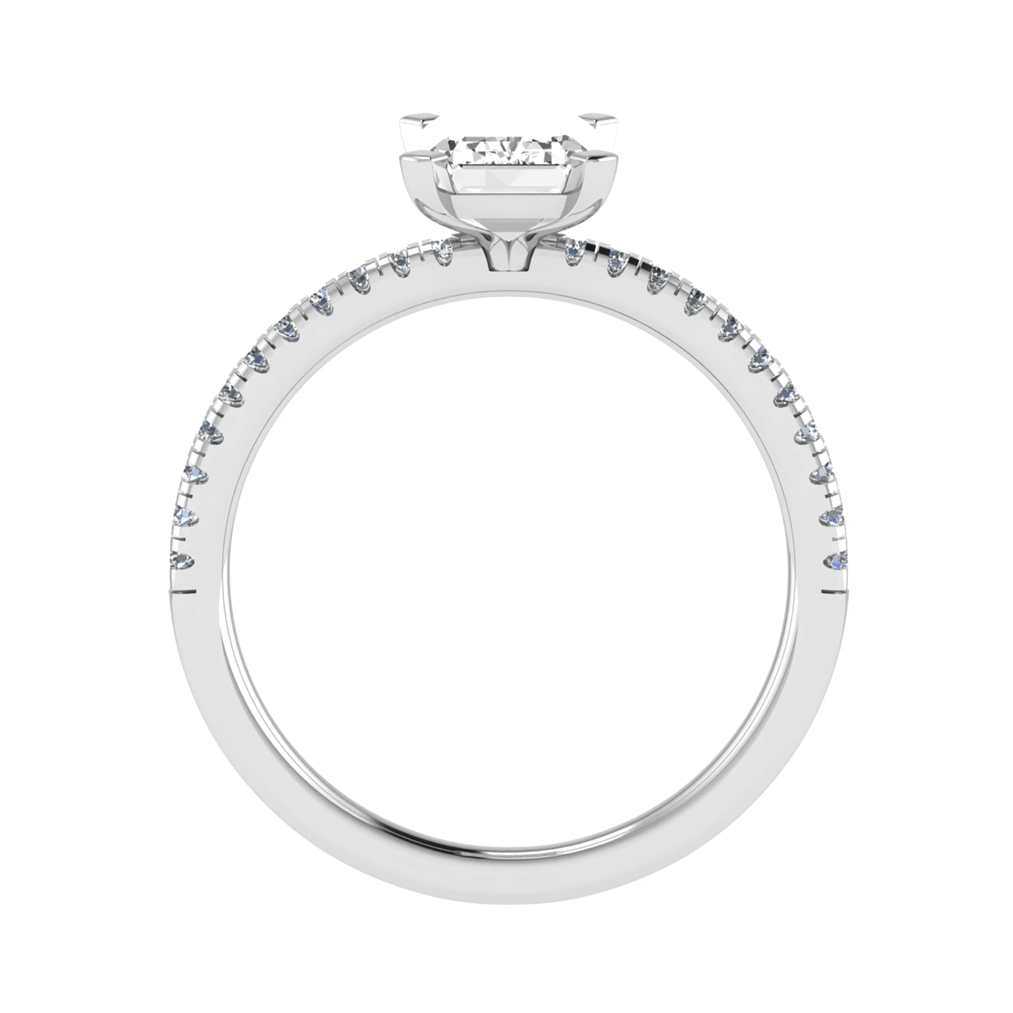 side view of luxury emerald platinum diamond set shoulders lab grown diamond engagement ring