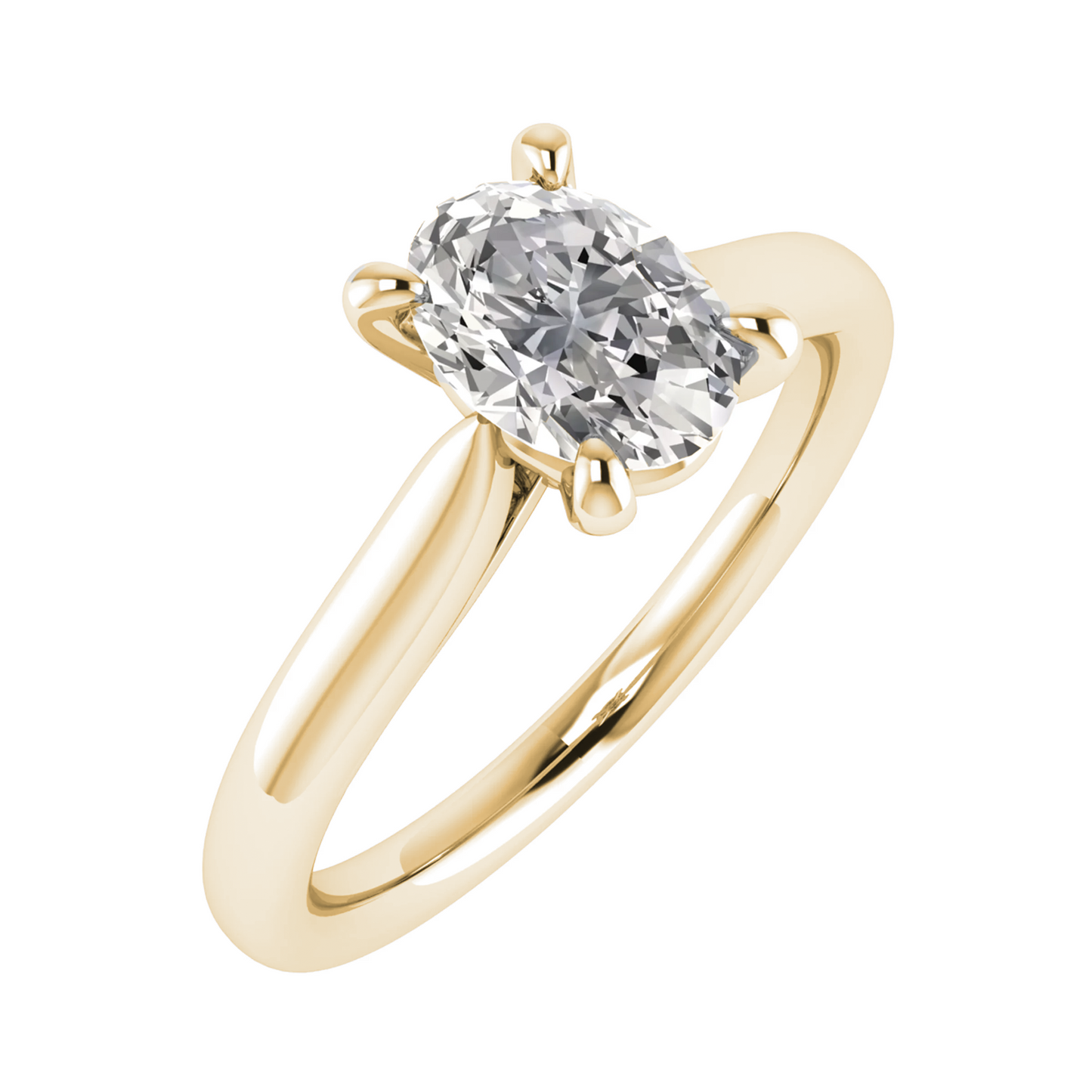 frontal side view of luxury oval yellow gold solitaire lab grown diamond engagement ring