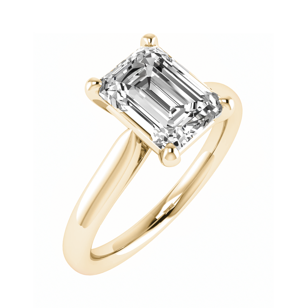 frontal left view of luxury emerald yellow gold solitaire lab grown diamond engagement ring