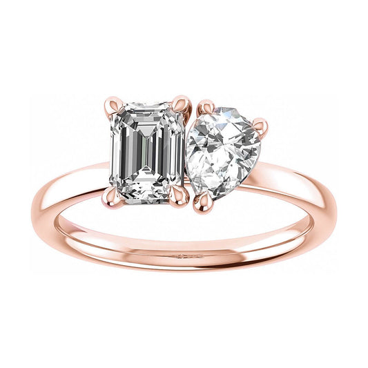 luxury emerald and pear rose gold lab grown diamond pair engagement ring