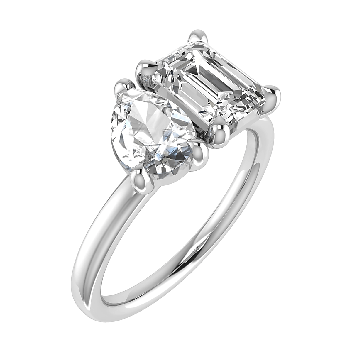 side view emerald and pear white gold lab grown diamond pair engagement ring