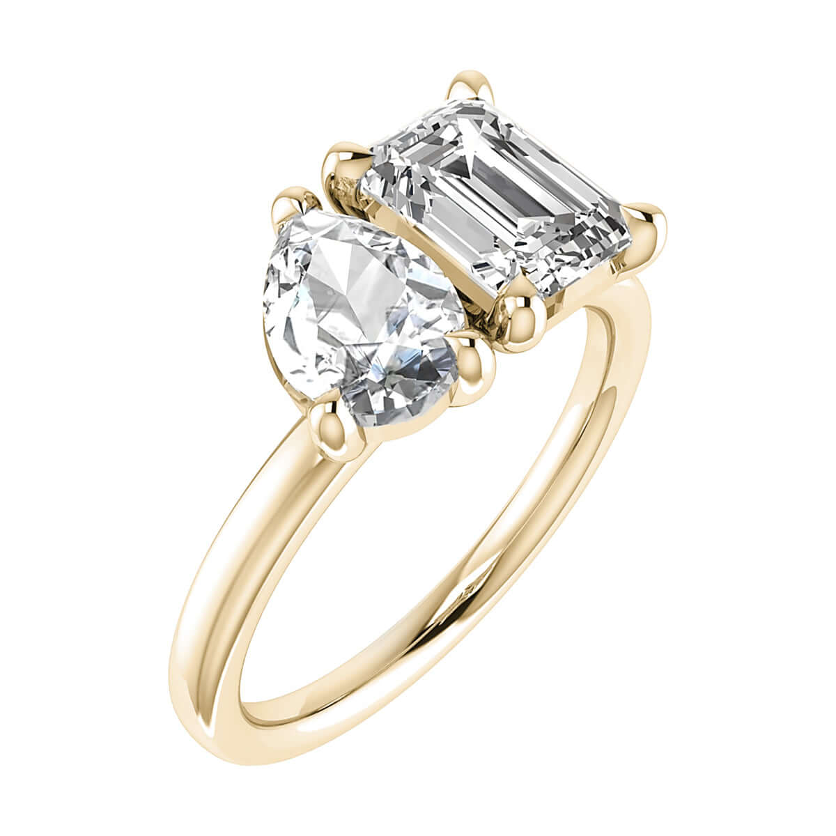 side view emerald and pear yellow gold lab grown diamond pair engagement ring
