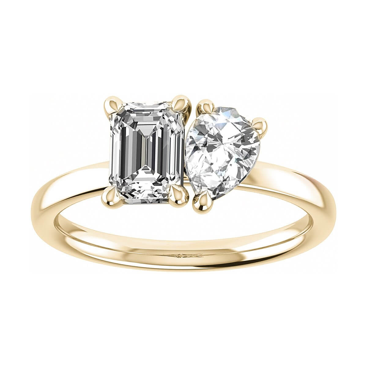 luxury emerald and pear yellow gold lab grown diamond pair engagement ring