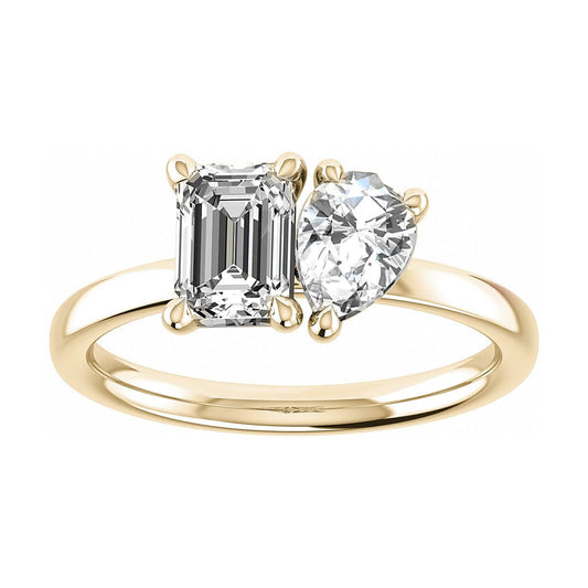 luxury emerald and pear yellow gold lab grown diamond pair engagement ring