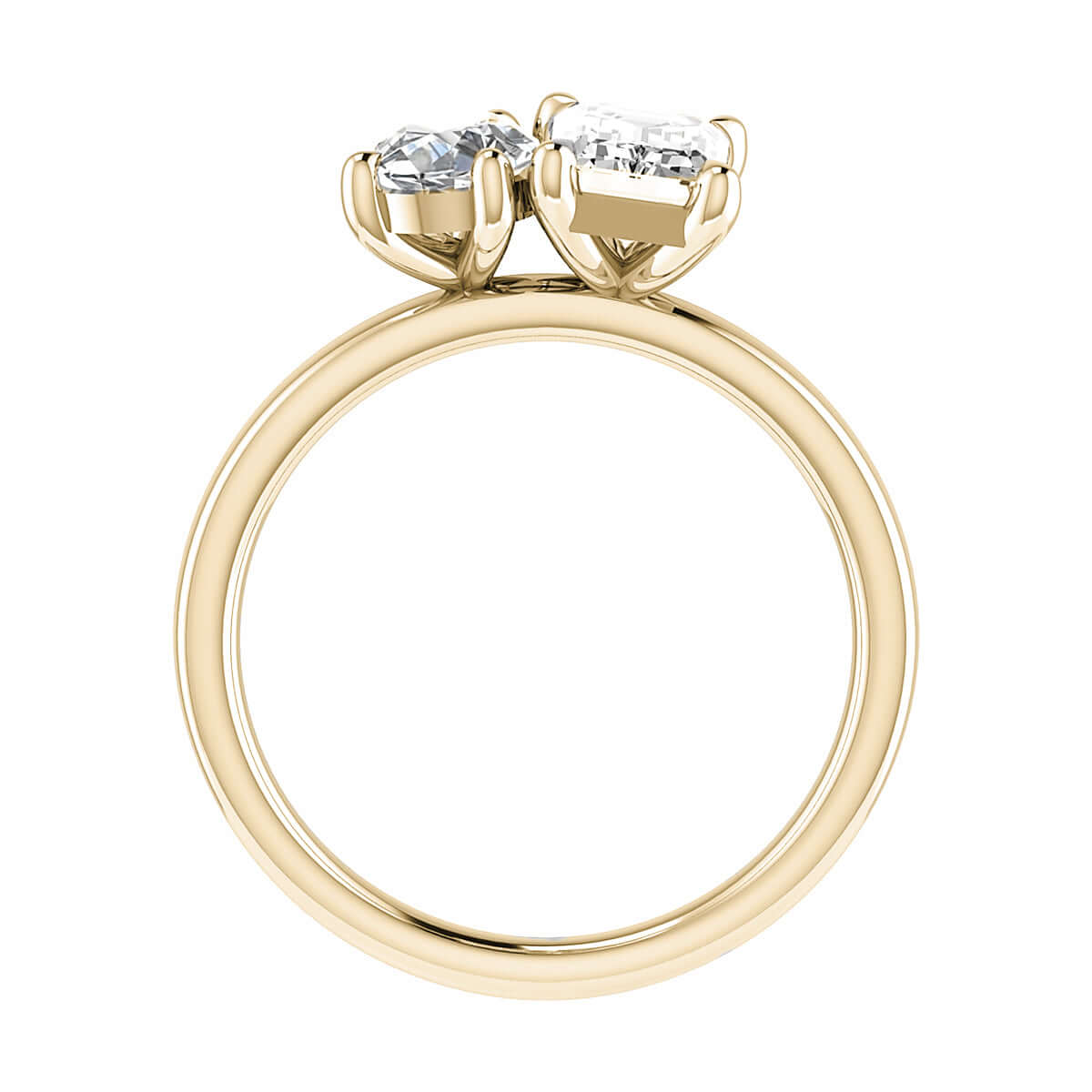 side view luxury emerald and pear yellow gold lab grown diamond pair engagement ring